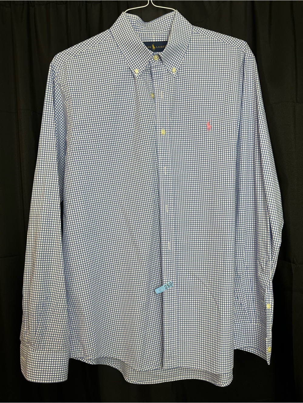 Ralph Lauren Light Blue & White Gingham Button-Down Shirt, size L, EUC